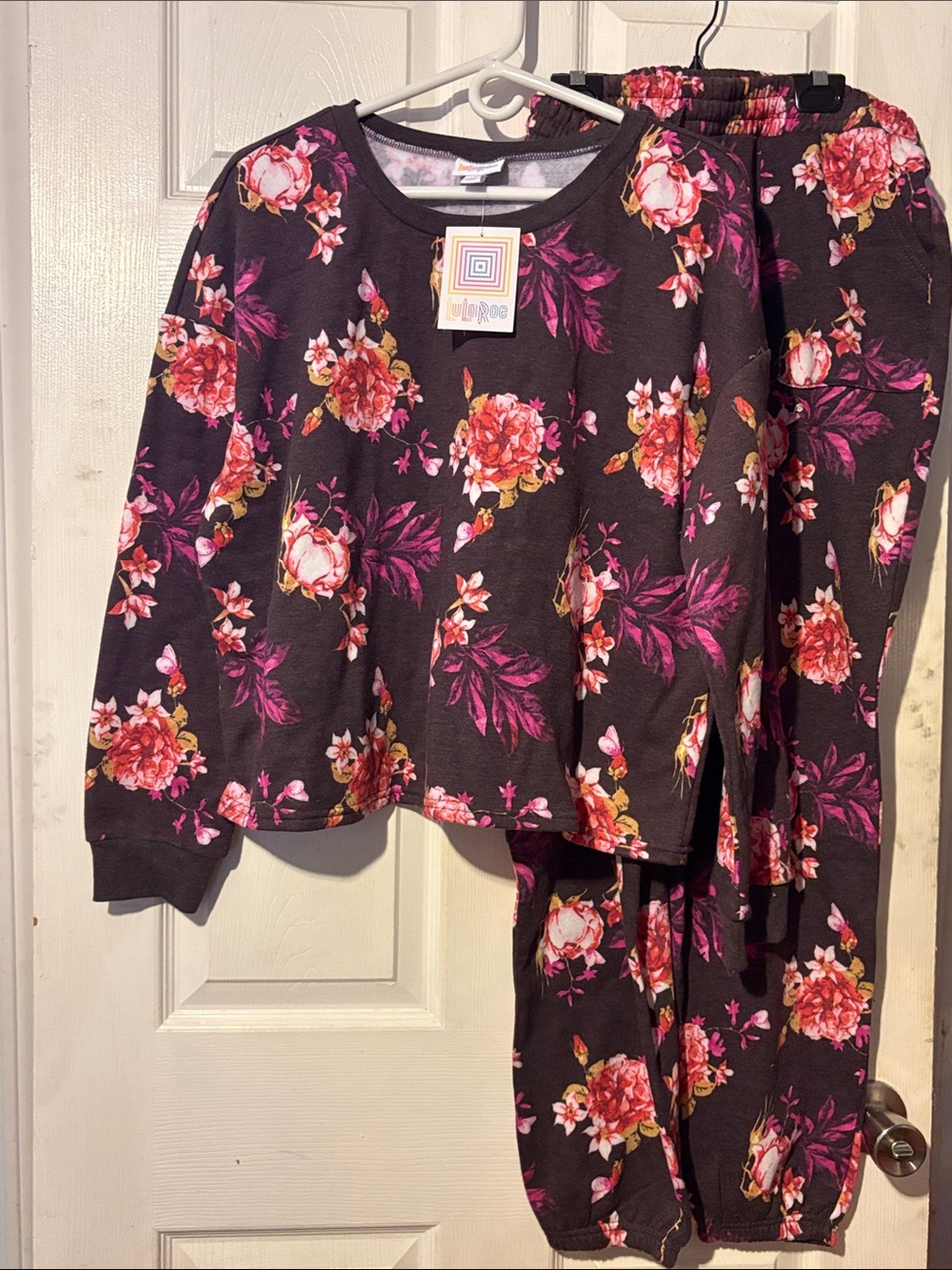 LuLaRoe Women's Floral Sweatshirt & Jogger Set - Black/Purple with Pink & Coral